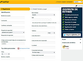 formulario de registro de Betfair casino